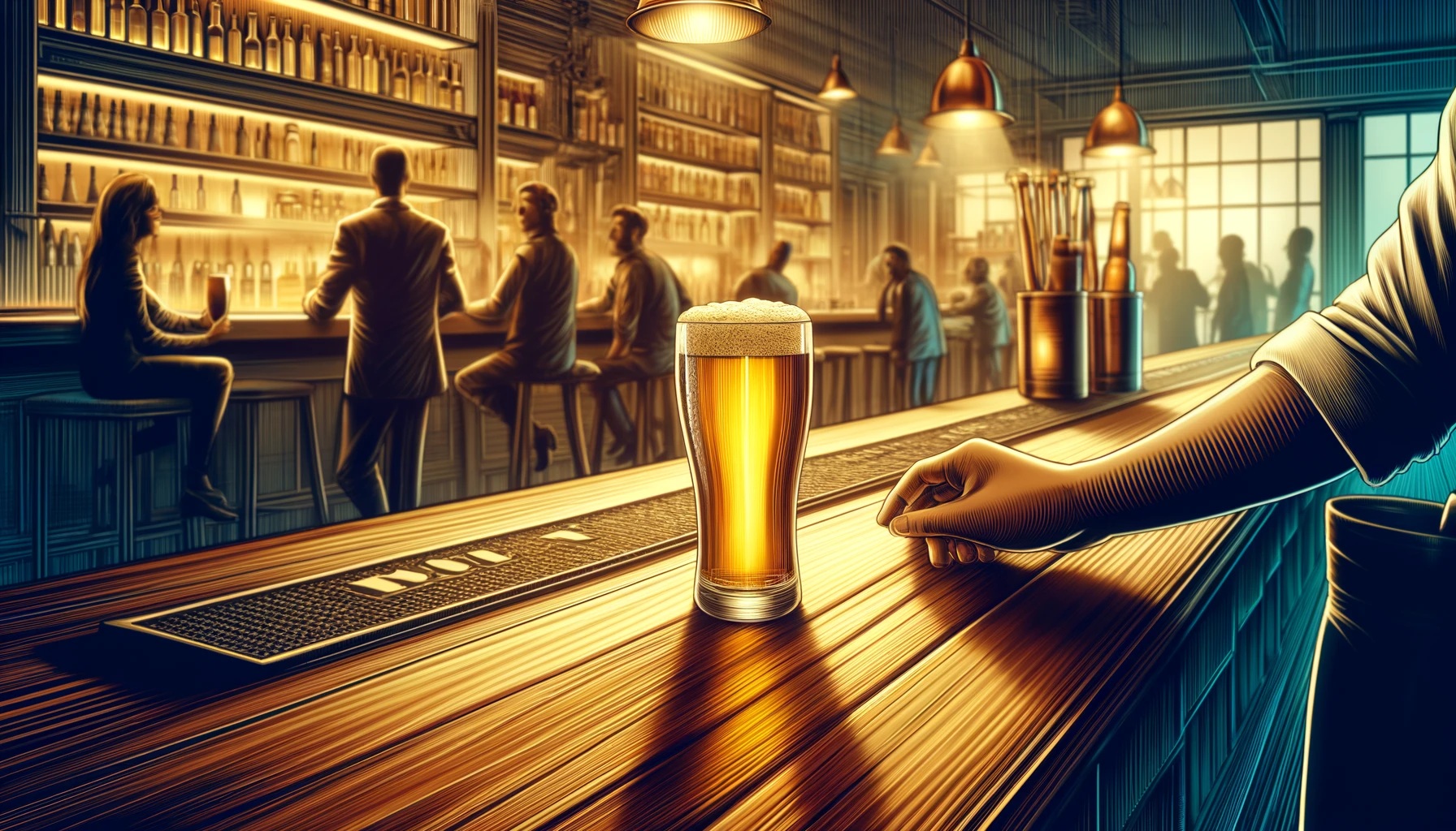 A detailed depiction of a beer being served in a lively bar setting